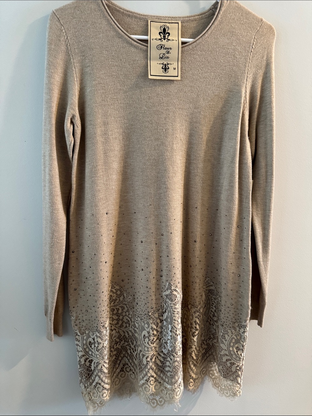 Fleur de Lis Collection Beige Long Sleeve Tunic with Lace Hem